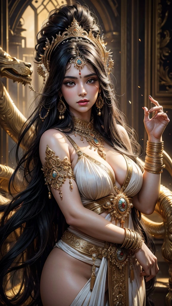 Sexy hot (best quality,4k,8k,highres,masterpiece:1.2),ultra-detailed,(realistic,photorealistic,photo-realistic:1.37),beautiful hindu goddess,female deity,long black hair,white elegant outfit,holding trishul,fierce lion,exquisite facial features,dramatic lighting,cinematic,hyper detailed,intricate ornate design,ornate jewelry,glowing skin,ethereal,divine,mystical,spiritual,fantasy