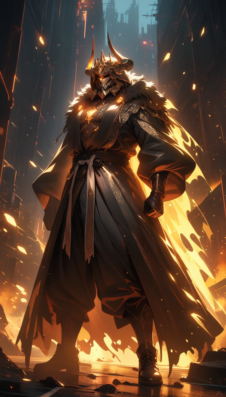 ((best quality)) , ((masterpiece)) , (detailed),horns, giant, glowing, glowing eyes, beard, male focus, 1boy, helmet, holding, facial hair, fur trim, teeth, muscular,((full body)),((full body)),((((melt)))),(((((black and white melt))))),(((wear Black and white Taoist robes))),((((gold and silver lace)))),(((gold and silver lace lace))),(((flowing ((black)) and white background))),extremely detailed gorgeous tiara