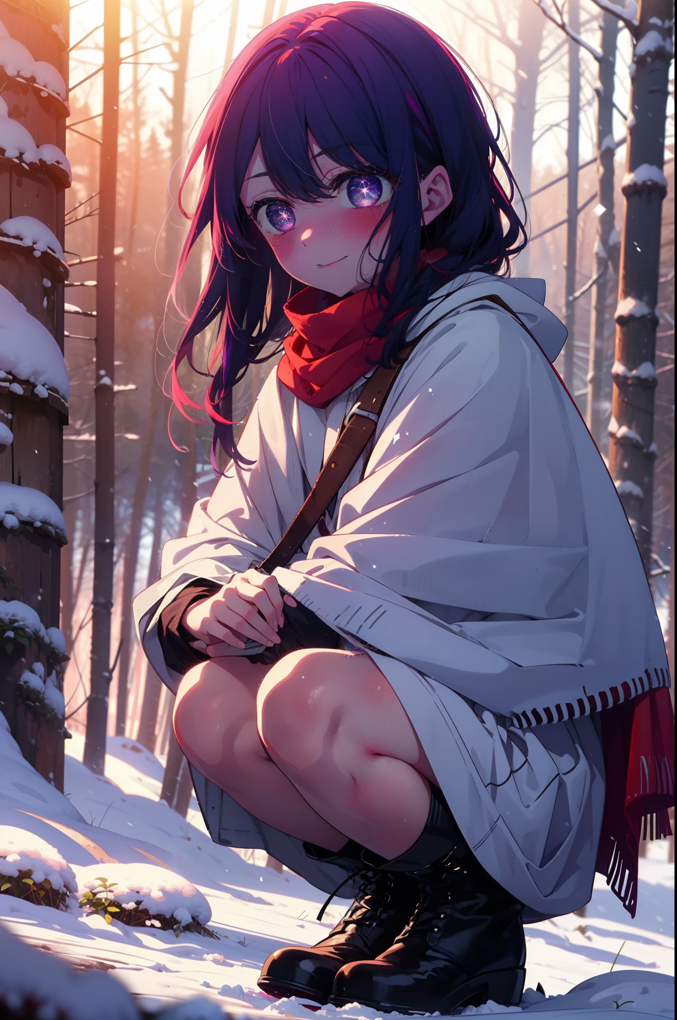 aihoshino, Ai Hoshino, Long Hair, bangs, (Purple eyes:1.1), Purple Hair, (Symbol-shaped pupil:1.5), smile,,smile,blush,white breath,
Open your mouth,snow,Ground bonfire, Outdoor, boots, snowing, From the side, wood, suitcase, Cape, Blurred, , forest, White handbag, nature, Squat, Mouth closed, Cape, winter, Written boundary depth, Black shoes, red Cape break looking at viewer, Upper Body, whole body, break Outdoor, forest, nature, break (masterpiece:1.2), Highest quality, High resolution, unity 8k wallpaper, (shape:0.8), (Beautiful and beautiful eyes:1.6), Highly detailed face, Perfect lighting, Highly detailed CG, (Perfect hands, Perfect Anatomy),