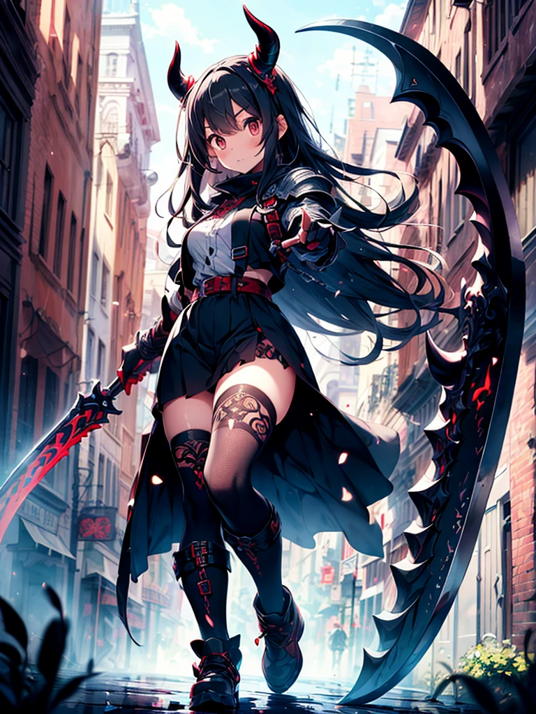 (((Best Quality))), (((Masterpiece))), ((Realistic)) ((full body shot)) slender cute  pale demon girl, pointing ears, (red colored eyes), long black hair, wearing demon armor (intricate details) holding a giant demon stylish scythe.
