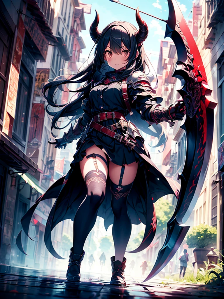 (((Best Quality))), (((Masterpiece))), ((Realistic)) ((full body shot)) slender cute pale demon girl, pointing ears, (red colored eyes), long black hair, wearing demon armor (intricate details) holding a giant demon stylish scythe.