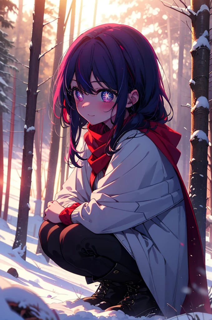 aihoshino, Ai Hoshino, Long Hair, bangs, (Purple eyes:1.1), Purple Hair, (Symbol-shaped pupil:1.5), smile,,smile,blush,white breath,
Open your mouth,snow,Ground bonfire, Outdoor, boots, snowing, From the side, wood, suitcase, Cape, Blurred, , forest, White handbag, nature,  Squat, Mouth closed, Cape, winter, Written boundary depth, Black shoes, red Cape break looking at viewer, Upper Body, whole body, break Outdoor, forest, nature, break (masterpiece:1.2), Highest quality, High resolution, unity 8k wallpaper, (shape:0.8), (Beautiful and beautiful eyes:1.6), Highly detailed face, Perfect lighting, Highly detailed CG, (Perfect hands, Perfect Anatomy),