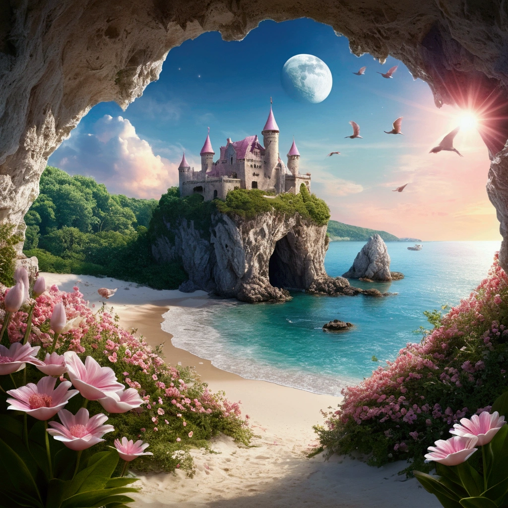 ((Domestically human))Abandoned cave: Novel-style, Rempie, mystery, Individuality, Unique places, Closed, Horizontal view Castle, Flowers, A delicate scene, null, White cloud, The sun shines on the white beach. bird, pink Flowers and bright big shells, Diamond Crystal, At the Beach, Fantasy, night null, moon, cigarette, fire, photograph, High resolution, 8k, UHigh resolution, Super Detail, high quality, 1080P