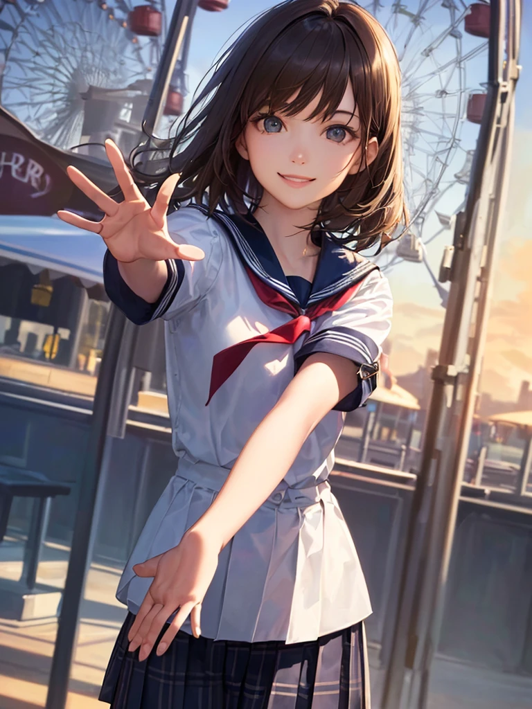 (Highest quality、8k、32K、masterpiece)、(Realistic)、(Realistic:1.2)、(High resolution)、Very detailed、Very beautiful face and eyes、(((Women's Solo Shot)))、Tight waist、(Highest quality、Attention to detail、Rich skin detail)、(Highest quality、8k、Oil paints:1.2)、(Realistic、Realistic:1.37)、Bright colors、(((Cowboy Shot)))、(((Bob Hair)))、(((Medium Hair)))、(((He has a happy face.)))、((smile))、(((Brown Hair)))、((Collared short-sleeved shirt, Sailor suit, Navy blue checkered pleated skirt, Red tie), )、(((Park during the day)))、(((Waving right hand)))、(((You can see the Ferris wheel)))、(((I&#39;m at the amusement park)))、(((Teeth are visible)))
