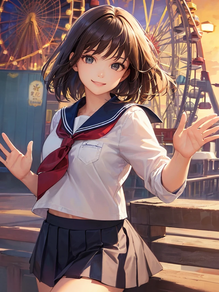 (Highest quality、8k、32K、masterpiece)、(Realistic)、(Realistic:1.2)、(High resolution)、Very detailed、Very beautiful face and eyes、(((Women's Solo Shot)))、Tight waist、(Highest quality、Attention to detail、Rich skin detail)、(Highest quality、8k、Oil paints:1.2)、(Realistic、Realistic:1.37)、Bright colors、(((Cowboy Shot)))、(((Bob Hair)))、(((Medium Hair)))、(((He has a happy face.)))、((smile))、(((Brown Hair)))、((Collared short-sleeved shirt, Sailor suit, Navy blue checkered pleated skirt, Red tie), )、(((Park during the day)))、(((Waving right hand)))、(((You can see the Ferris wheel)))、(((I&#39;m at the amusement park)))、(((Teeth are visible)))
