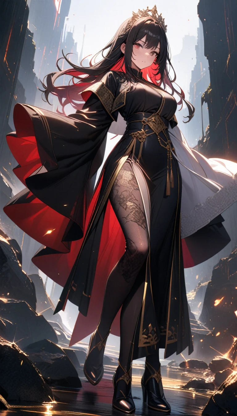 ((best quality)) , ((masterpiece)) , (detailed),1girl,female police officer, spitting in the mountain ditch,((full body)),((((melt)))),(((((black and white melt))))),(((wear Black and white Taoist robes))),((((gold and silver lace)))),(((gold and silver lace lace))),(((flowing ((black)) and white background))),extremely detailed gorgeous tiara