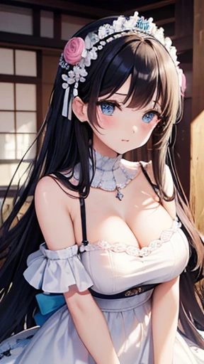 Browsing Caution,Remove wear,Tiara on head、、18-year-old、Black-haired、Japanese、Knitted Products、Pink knitted off shoulder dress、White lace bracelet on arm、Sheep piercing、Long Hair、White sheep bag、blue eyes、Embarrassed face、Highest quality, masterpiece, Ultra-high resolution、Pink Room、Draw the eyes in detail、Flowers around、Big Breasts