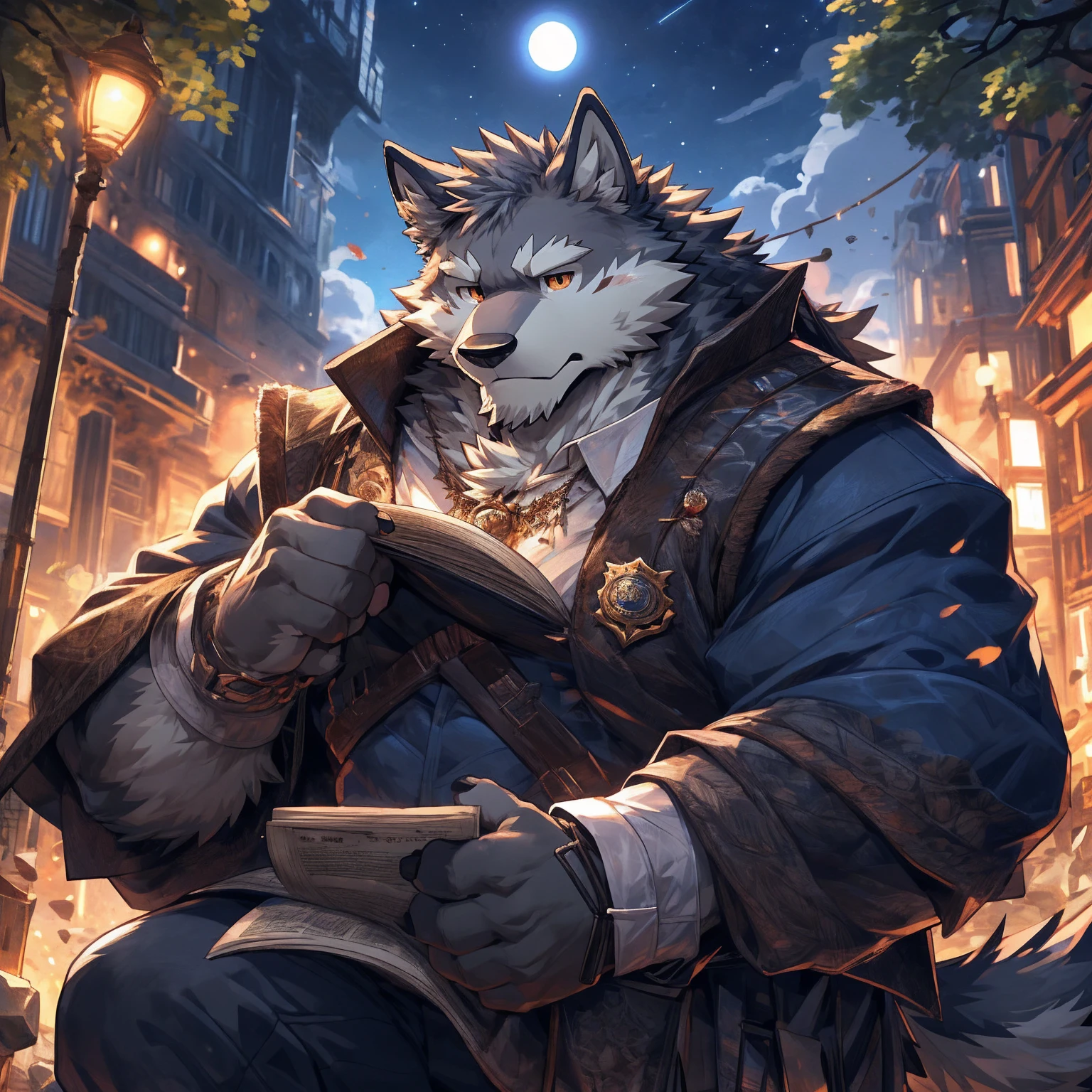 human nature, Wildlife, male,36 years old,Uncle, solitary, ((Round Face, The face is plump,Orange eyes,Thick grey hair,Little furry ears,Fluffy tail)), ((Endomorph, Handsome的,)), (officer,White military uniform,White shirt), ((domestic gray wolf, Wolf Orc,) Fluffy fur, Fluffy), Bokeh, (high quality, high resolution, masterpiece), (Dynamic Lighting, Vibrant colors,Natural fill light), (Revitalize,Handsome,tired), Full body picture (close up), cartoon, author:Takemoto Arashi, From zixiong, By Chunni, author:Empty Ghost,moonlight,Reading newspaper quietly at night,符合中年Uncle的房间,Sit under a big tree,明亮的moonlight,Quiet wilderness at night,Nostalgia for the past(background:A big tree in a city park,There are some bushes and rocks)