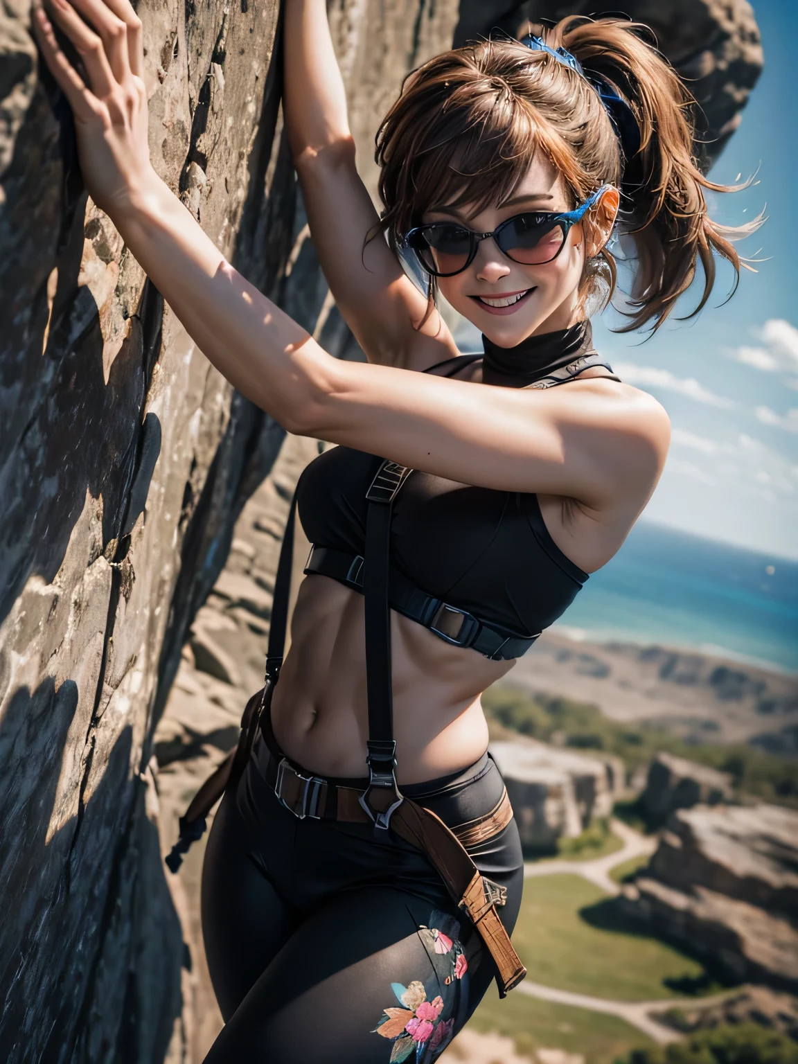 Closeup view, looking straight down from overhead, Lindsey Stirling on a climbing wall, dark brown ponytail, wraparound sunglasses, freckles, grinning, topless, black floral leggings, climbing harness, chalk bag