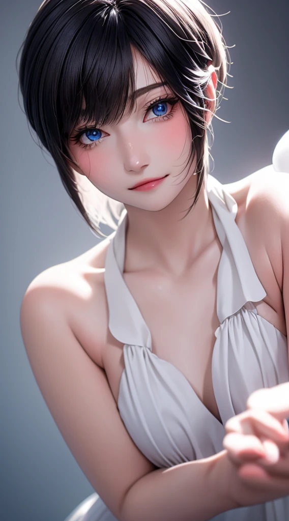 (masterpiece:1.3, Highest quality, Ultra-high resolution, Super detailed), (Realistic:1.1, photoRealistic:1.4), Beautiful illustrations, Perfect lighting, colorful, Depth of written boundary, Beautiful detailed hair, Beautifully detailed face, Beautiful attention to detail, Beautiful clavicle, Beautiful body, (Beautiful small breasts), Beautiful thighs, Beautiful feet, Beautiful fingers, View your viewers, 1 girl, Japanese, high school girl, Perfect Face, (Perfect Anatomy, Anatomically correct), Cute and symmetrical face, Baby Face, Sunburn, Glowing Skin, (short hair:1.5, Bobcut:1.2, Ash blonde black hair), Hair between the eyes, blue eyes, Long eyelashes, thin, (Pale pink dress, Black tank top, White Skirt), (Are standing), (Cute smile,, Close your mouth),