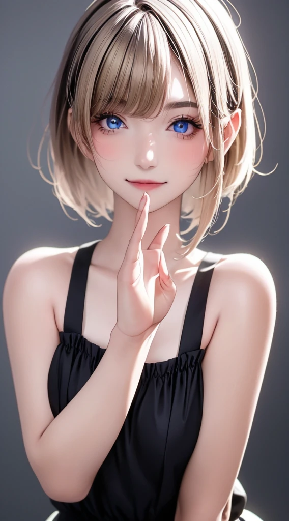 (masterpiece:1.3, Highest quality, Ultra-high resolution, Super detailed), (Realistic:1.1, photoRealistic:1.4), Beautiful illustrations, Perfect lighting, colorful, Depth of written boundary, Beautiful detailed hair, Beautifully detailed face, Beautiful attention to detail, Beautiful clavicle, Beautiful body, (Beautiful small breasts), Beautiful thighs, Beautiful feet, Beautiful fingers, View your viewers, 1 girl, Japanese, high school girl, Perfect Face, (Perfect Anatomy, Anatomically correct), Cute and symmetrical face, Baby Face, Sunburn, Glowing Skin, (short hair:1.5, Bobcut:1.2, Ash blonde black hair), Hair between the eyes, blue eyes, Long eyelashes, thin, (Pale pink dress, Black tank top, White Skirt), (Are standing), (Cute smile,, Close your mouth),