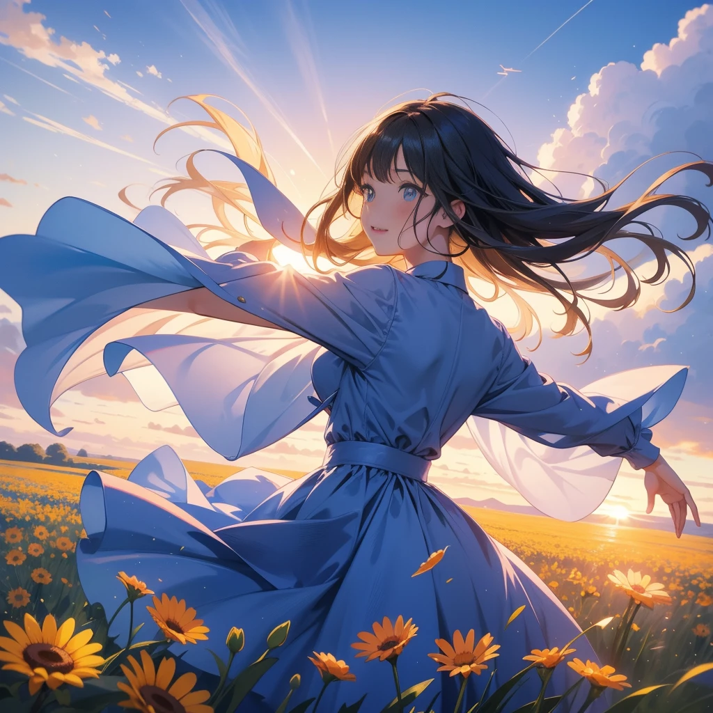 A joyous anime girl in the middle of a very big flower field, jumping with her hands above her head while watching the sun go down over the horizon. Her back is towards the camera. It's evening due to which the upper sky is bluish. Faraway shot. 2d.