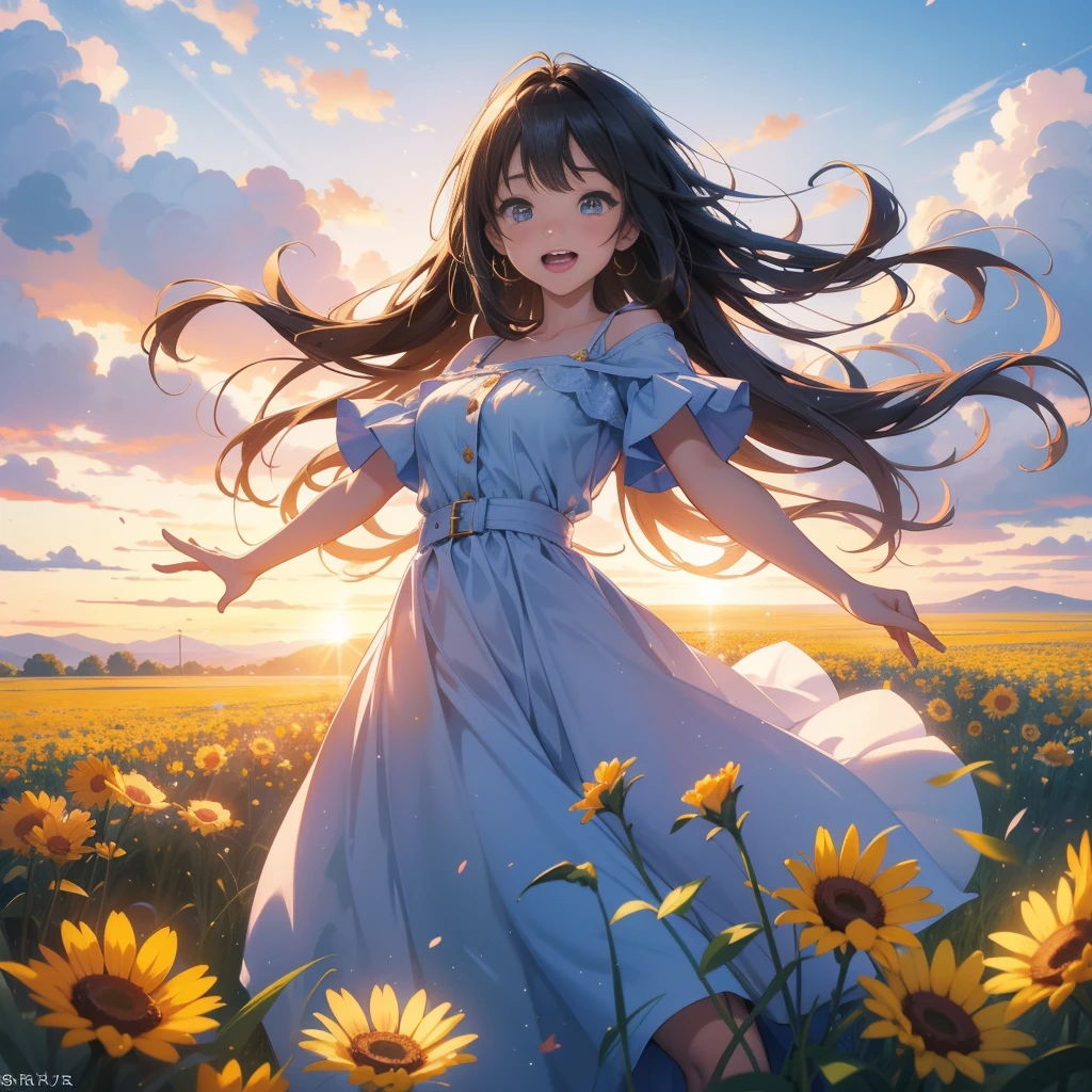 A joyous anime girl in the middle of a very big flower field, jumping with her hands above her head while watching the sun go down over the horizon. Her back is towards the camera. It's evening due to which the upper sky is bluish. Faraway shot. 2d.