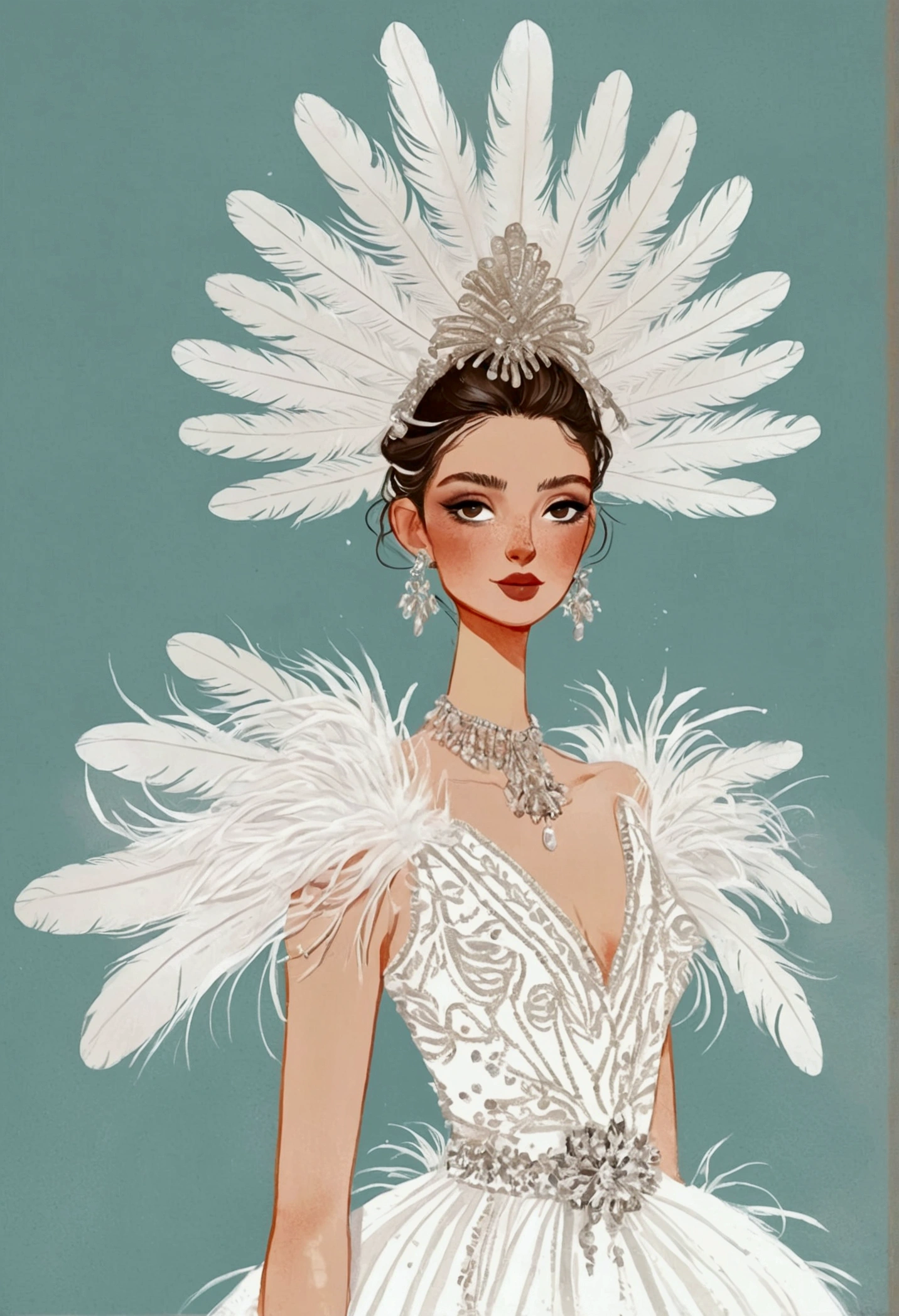 araffe wearing a white dress,Wearing a large feather headdress, Concept art by Eva Gonzalès, tumblr, Arabesque, skirt made of feathers, detailed Fashion illustration, Complex clothing design, luxury Fashion illustration, tease, Fashion illustration, high Fashion design, high class boutique! Fashion!, A sophisticated dress, Fashion concept art, Fashion design