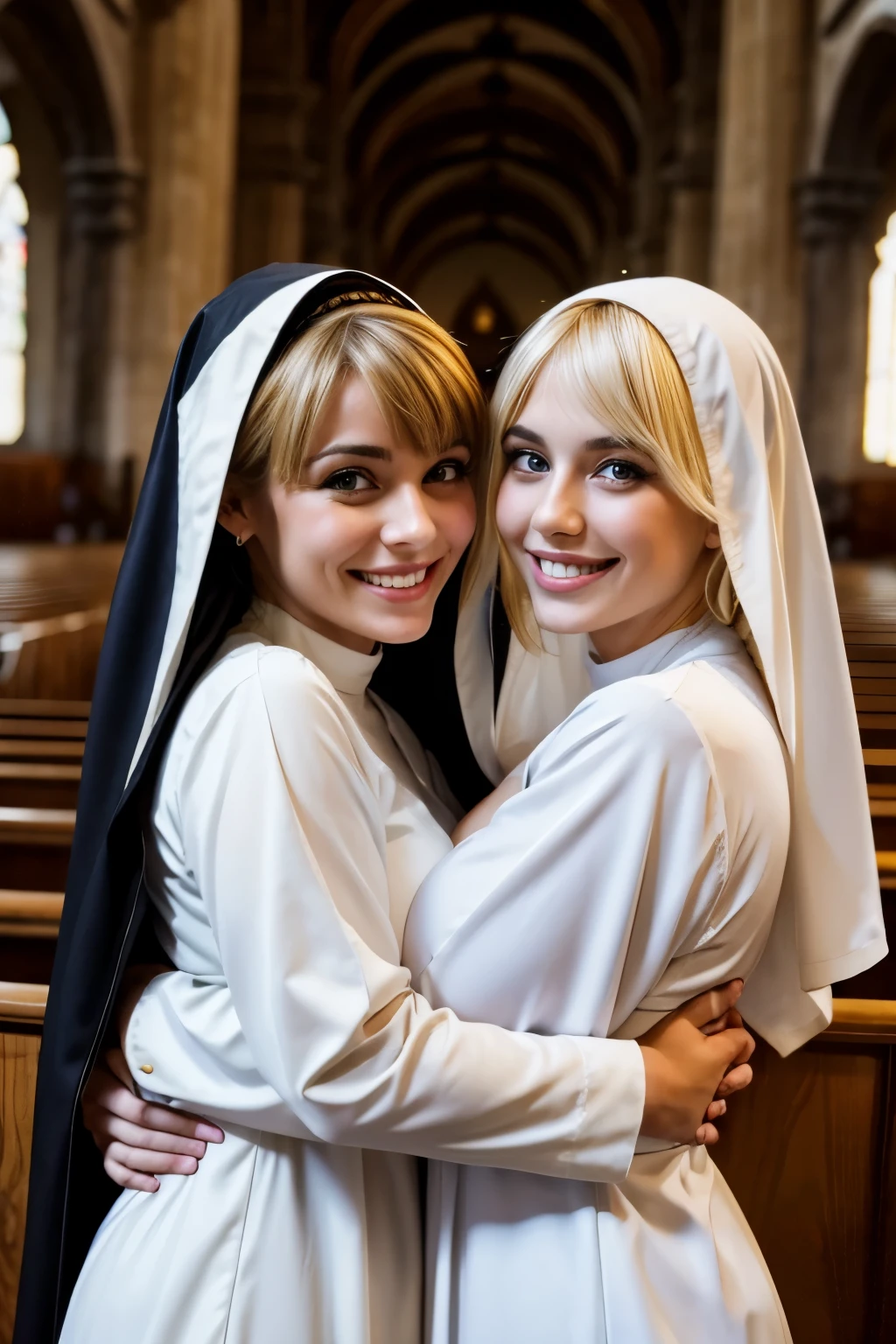 Two beautiful Italian women、Blonde Hair、With bangs、Smiling with teeth showing、Big Breasts、Sexy body、Monastic uniform、Nuns、Standing hugging each other、In the church