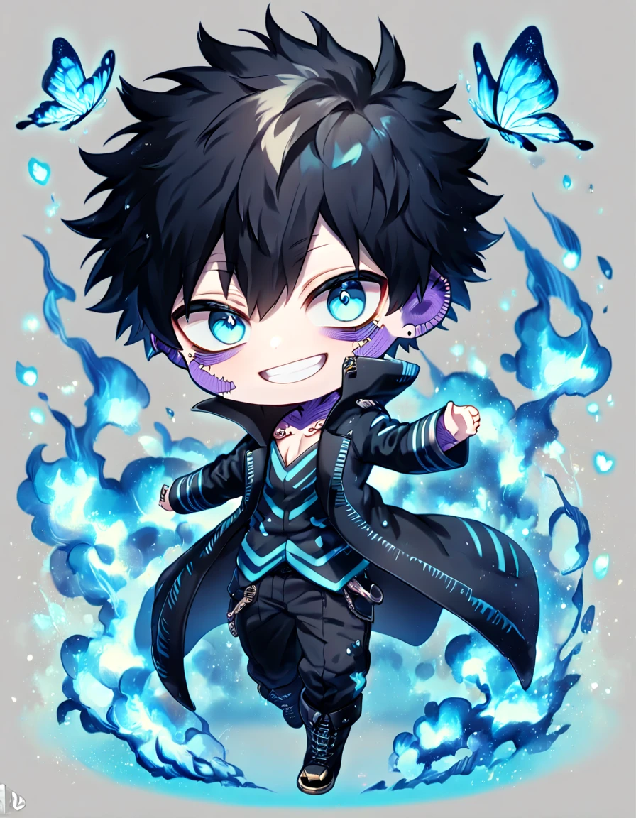 absurdres, highres, ultra detailed, HDR, master piece, best quality, extremely detailed face, delicated features, Dabi chibi, black hair, expressive turquoise eyes, Boku No Hero Academia, solo, cute, smiling, black coat, black pants, black boots, fantasy, magical, blue fire butterflies, fire flowers, blue fire, blue flames