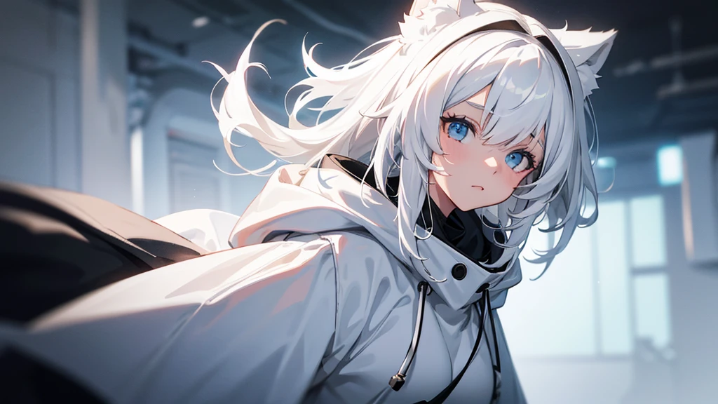 Oversized hoodie, girl, White clothes, White Hair, Black ear flaps, medium hair, cinematic lighting, UHD, high details, best quality, highres, 8k