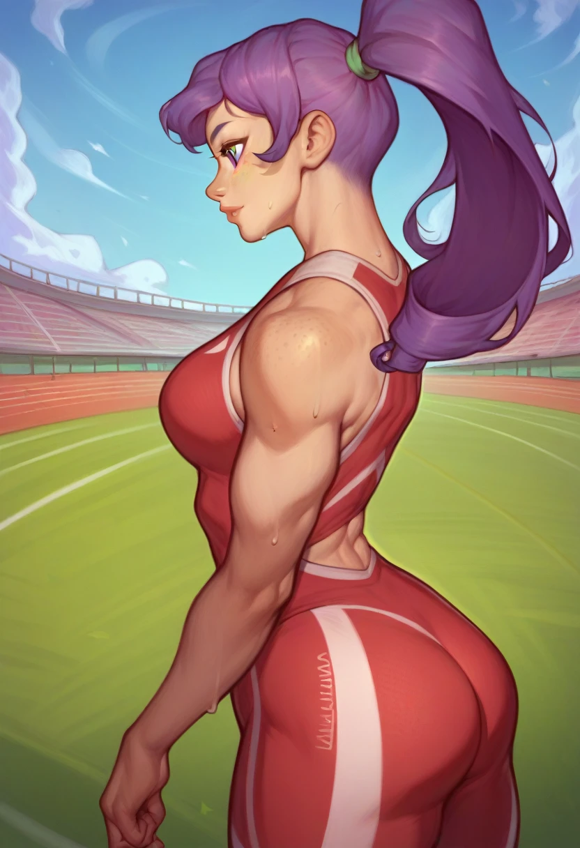score_9, score_8_up, score_8_up, godrays, 1girl, cute, light soft skin, light freckles, 20 years old, athletic, sprinter, dynamic angle, cowboy shot, track and field, sports track, about to start race, starting block, stunningly beautiful gril, green eyes, focused, sweat, from side, semi-realistic, ponytail, at sunrise