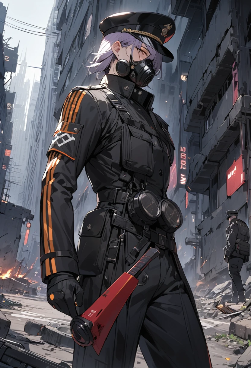 (masterpiece, best quality:1.1),(male officer),Kroenen,(black military cap,military Gasmask,many gear-shaped button,has tonfa-shaped sword,),cyberpunk nazi-uniform,very thin body,ruins of a big city,