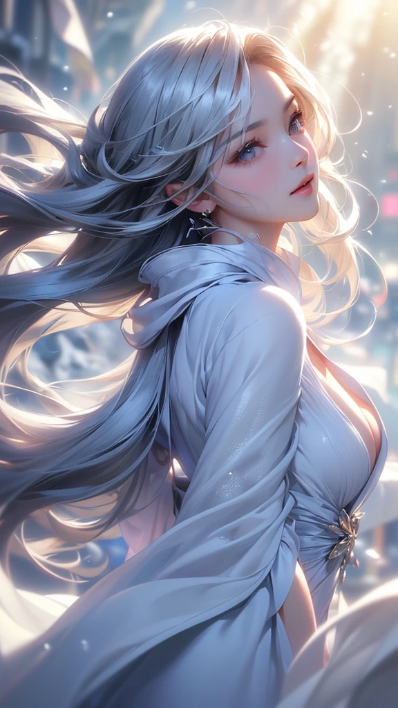 ((masterpiece:1.5、8k、Portraiture、フォトリアリスティックでVery detailedなCG、Very detailed、Particle Effects、Dynamic Effects、Shallow depth of field、Cinematic Light、Lens flare、Ray Tracing、Tabletop、Realistic:1.4、Ultra-high resolution:1.2、Realistic、Realistic))((alone、Woman wearing a cashmere coat:1.4、Elegant woman posing、look up、Detailed face、bright表情、young, bright, Whiter skin、small breasts、Beautiful cleavage、Best Looks、Ultimate beauty、Shiny silver hair with highlights、bright and shiny hair,、Super long, Silky straight hair、Hair dancing in the wind))(morning、The setting is outdoors in the snow、Surrounded by illuminations)
