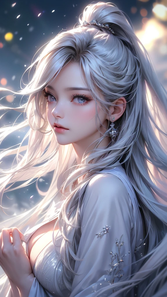 ((masterpiece:1.5、8k、Portraiture、フォトリアリスティックでVery detailedなCG、Very detailed、Particle Effects、Dynamic Effects、Shallow depth of field、Cinematic Light、Lens flare、Ray Tracing、Tabletop、Realistic:1.4、Ultra-high resolution:1.2、Realistic、Realistic))((alone、Woman wearing a cashmere coat:1.4、Elegant woman posing、look up、Detailed face、bright表情、young, bright, Whiter skin、small breasts、Beautiful cleavage、Best Looks、Ultimate beauty、Shiny silver hair with highlights、bright and shiny hair,、Super long, Silky straight hair、Hair dancing in the wind))(morning、The setting is outdoors in the snow、Surrounded by illuminations)