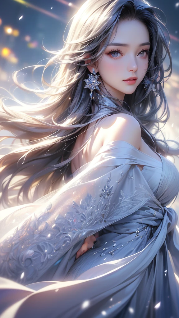 ((masterpiece:1.5、8k、Portraiture、フォトリアリスティックでVery detailedなCG、Very detailed、Particle Effects、Dynamic Effects、Shallow depth of field、Cinematic Light、Lens flare、Ray Tracing、Tabletop、Realistic:1.4、Ultra-high resolution:1.2、Realistic、Realistic))((alone、Woman wearing a cashmere coat:1.4、Elegant woman posing、look up、Detailed face、bright表情、young, bright, Whiter skin、small breasts、Beautiful cleavage、Best Looks、Ultimate beauty、Shiny silver hair with highlights、bright and shiny hair,、Super long, Silky straight hair、Hair dancing in the wind))(morning、The setting is outdoors in the snow、Surrounded by illuminations)