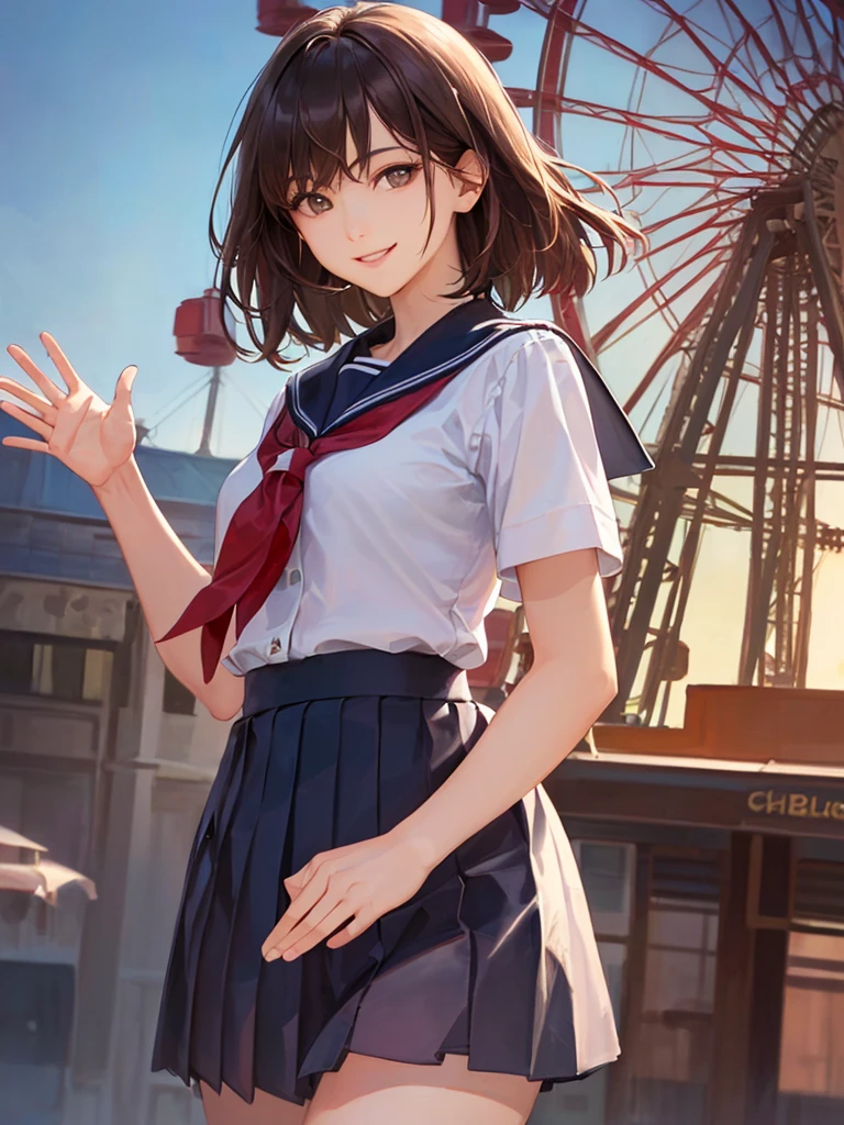 (Highest quality、8k、32K、masterpiece)、(Realistic)、(Realistic:1.2)、(High resolution)、Very detailed、Very beautiful face and eyes、(((Women's Solo Shot)))、Tight waist、(Highest quality、Attention to detail、Rich skin detail)、(Highest quality、8k、Oil paints:1.2)、(Realistic、Realistic:1.37)、Bright colors、(((Cowboy Shot)))、(((Bob Hair)))、(((Medium Hair)))、(((He has a happy face.)))、((smile))、(((Brown Hair)))、((Collared short-sleeved shirt, Sailor suit, Navy blue checkered pleated skirt, Red tie), )、(((Park during the day)))、(((Waving right hand)))、(((You can see the Ferris wheel)))、(((I'm at the amusement park)))、(((Teeth are visible)))