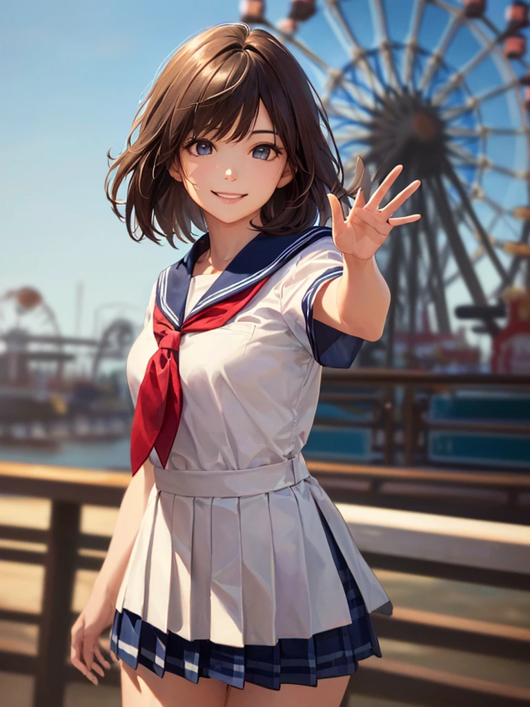 (Highest quality、8k、32K、masterpiece)、(Realistic)、(Realistic:1.2)、(High resolution)、Very detailed、Very beautiful face and eyes、(((Women's Solo Shot)))、Tight waist、(Highest quality、Attention to detail、Rich skin detail)、(Highest quality、8k、Oil paints:1.2)、(Realistic、Realistic:1.37)、Bright colors、(((Cowboy Shot)))、(((Bob Hair)))、(((Medium Hair)))、(((He has a happy face.)))、((smile))、(((Brown Hair)))、((Collared short-sleeved shirt, Sailor suit, Navy blue checkered pleated skirt, Red tie), )、(((Park during the day)))、(((Waving right hand)))、(((You can see the Ferris wheel)))、(((I'm at the amusement park)))、(((Teeth are visible)))