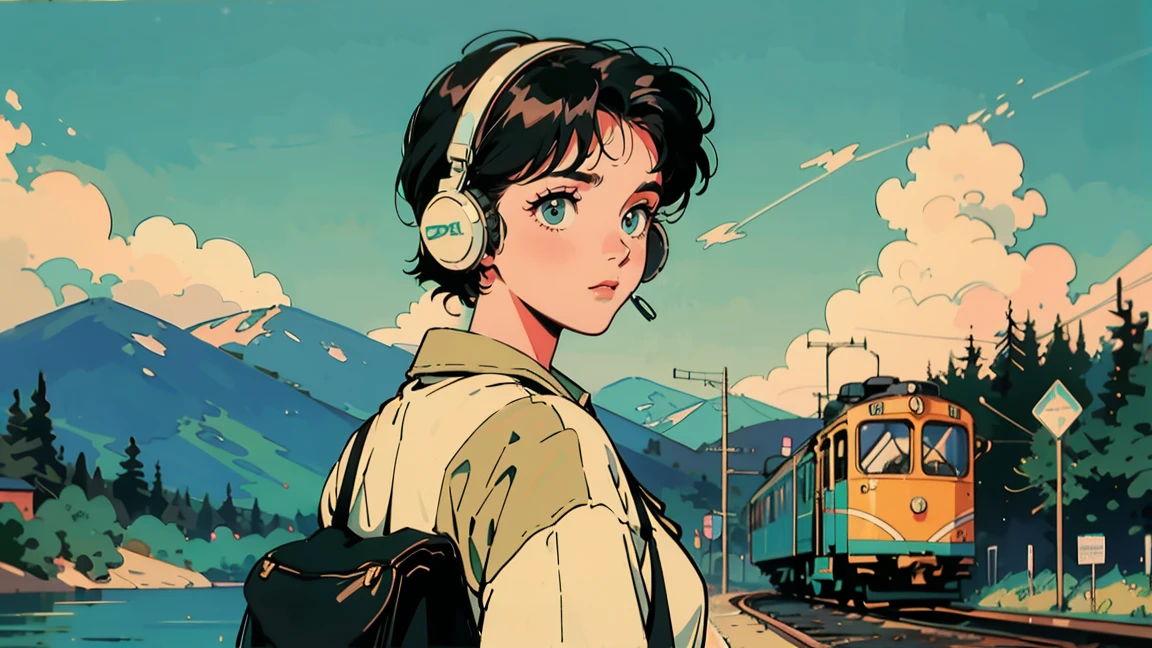 Train path along the coast. A green and yellow streetcar is stopping. In the background is the blue sea, sky, and white clouds. In the foreground is a railroad crossing sign, and a 21-year-old girl in 80's style is wearing headphones and looking back in front of the train. The overall color scheme has a retro feel.