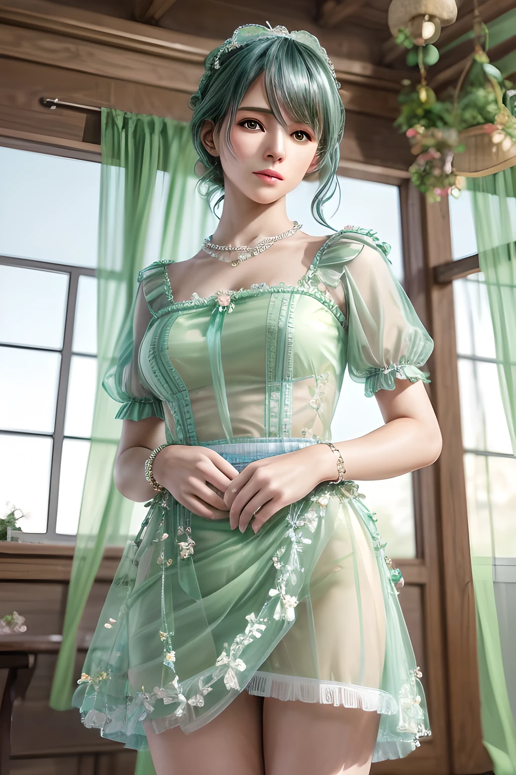 1girl,They wear a light green dress with sheer puff sleeves and a fitted bodice, tied with a light blue bow at the waist. The outfit exudes a feminine and sophisticated beauty, with a pearl necklace around her neck and flower accessories in her hair. The soft natural light creates a serene and elegant atmosphere, enhancing the overall composition. The background features floral elements and sheer curtains, adding an ethereal and springtime feel to the scene., (best quality,8k,highres,masterpiece:1.2),ultra-detailed,(realistic,photorealistic,photo-realistic:1.37),studio lighting,ultra-fine painting,sharp focus,physically-based rendering,extreme detail description,professional,vivid colors