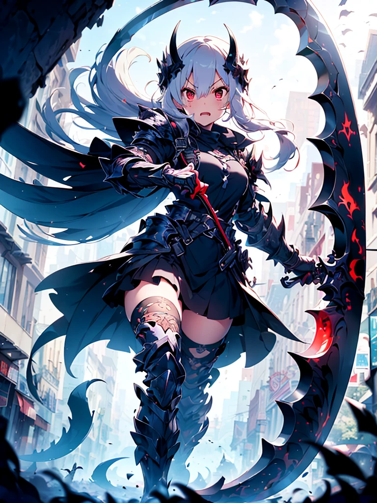 (((masterpiece, best quality, high detailed, 8k))) Design a layout showcase Gaming character, (1girl) Slender cute girl character with long white hair and piercing eyes. She wears a demonic armor in purple, black, and white.  wields a large, stylized scythe. The character has a menacing expression, with a chaotic environment as the background. ((full body front view)). ((slender)), (extremely detailed:1.5), (long white hair:1.2), (piercing red eyes:1.2), (chaotic environment:1.1), (demonic armor:1.3), (stylized scythe:1.3).