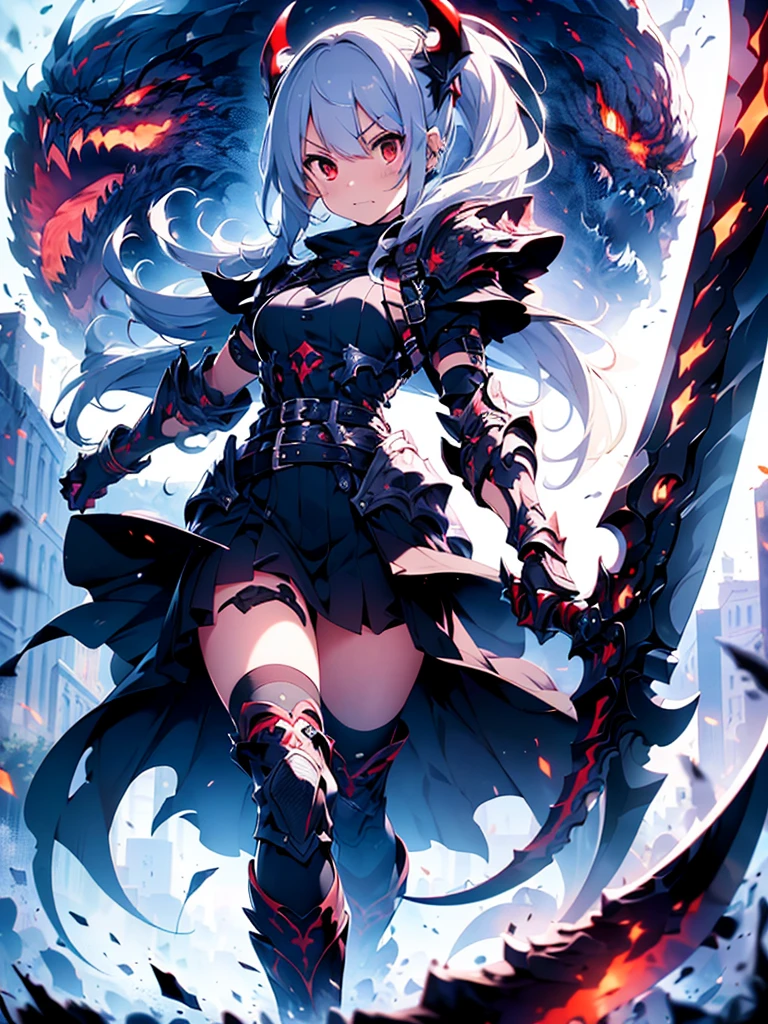 (((masterpiece, best quality, high detailed, 8k))) Design a layout showcase Gaming character, (1girl) Slender cute girl character with long white hair and piercing eyes. She wears a demonic armor in purple, black, and white. wields a large, stylized scythe. The character has a menacing expression, with a chaotic environment as the background. ((full body front view)). ((slender)), (extremely detailed:1.5), (long white hair:1.2), (piercing red eyes:1.2), (chaotic environment:1.1), (demonic armor:1.3), (stylized scythe:1.3).
