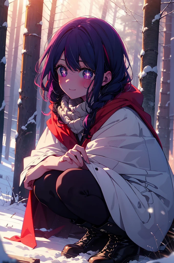 aihoshino, Ai Hoshino, Long Hair, bangs, (Purple eyes:1.1), Purple Hair, (Symbol-shaped pupil:1.5), smile,,smile,blush,white breath,
Open your mouth,snow,Ground bonfire, Outdoor, boots, snowing, From the side, wood, suitcase, Cape, Blurred, , forest, White handbag, nature,  Squat, Mouth closed, Cape, winter, Written boundary depth, Black shoes, red Cape break looking at viewer, Upper Body, whole body, break Outdoor, forest, nature, break (masterpiece:1.2), Highest quality, High resolution, unity 8k wallpaper, (shape:0.8), (Beautiful and beautiful eyes:1.6), Highly detailed face, Perfect lighting, Highly detailed CG, (Perfect hands, Perfect ???????),