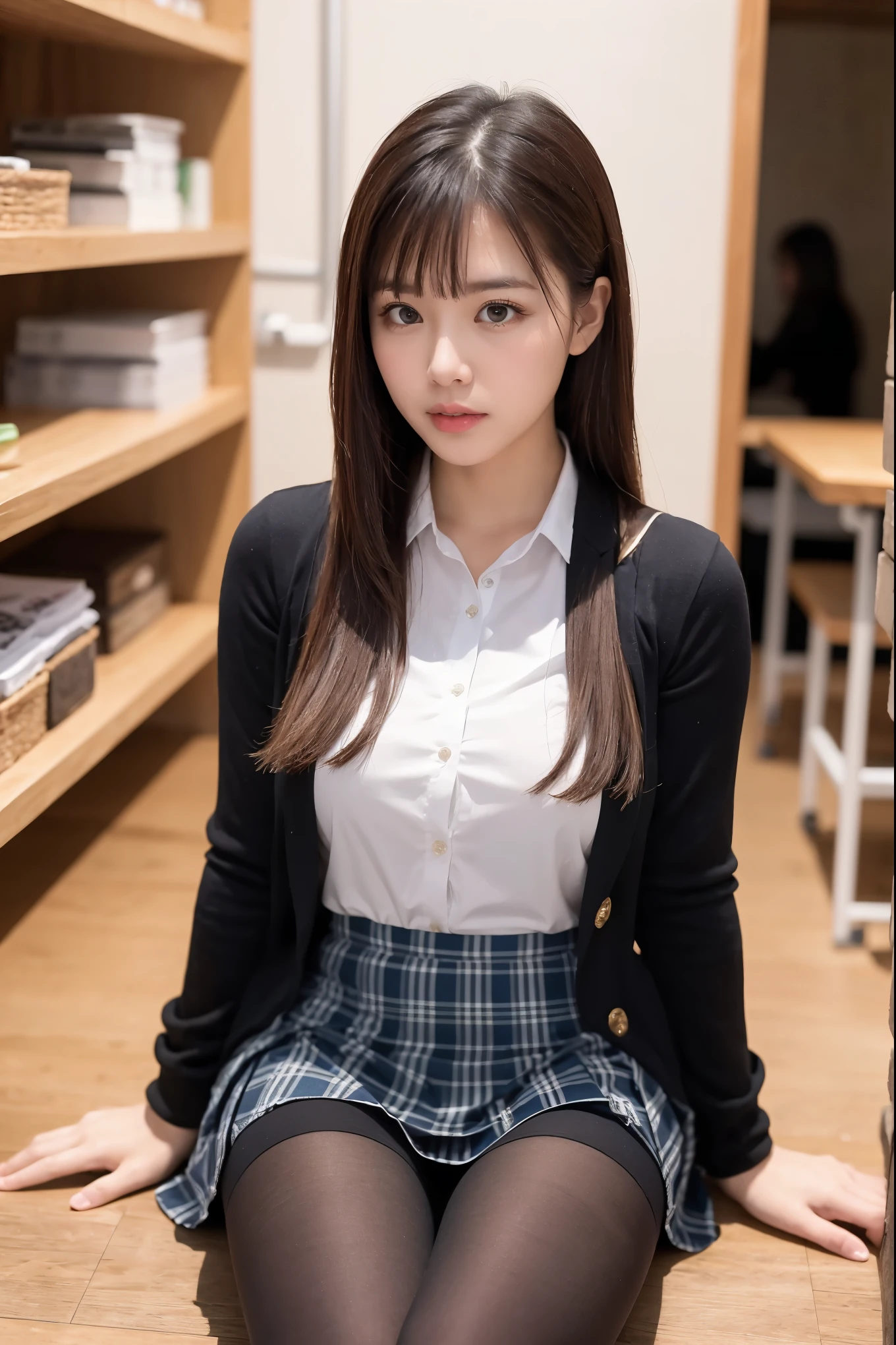 (((8k、High resolution、Highest quality、High resolution)))alone、Natural body shape、White skin、Natural Makeup、((Black Hair、bangs、Straight Long Hair))、((()))、、(Sitting on the floor:1.4)、(())、(((((Full body photo)))))、(((Looking into the camera)))、(((Wear a uniform on the upper body)))、Bedroom、(((Of high school))) 、((white collared long sleeve blouse))、((Beige cardigan))、((Pleated skirt with dark blue plaid pattern、mini skirt、Ultra-realistic pantyhose))、、、Expressionless、((Exposing your thighs)), Beautiful mature woman