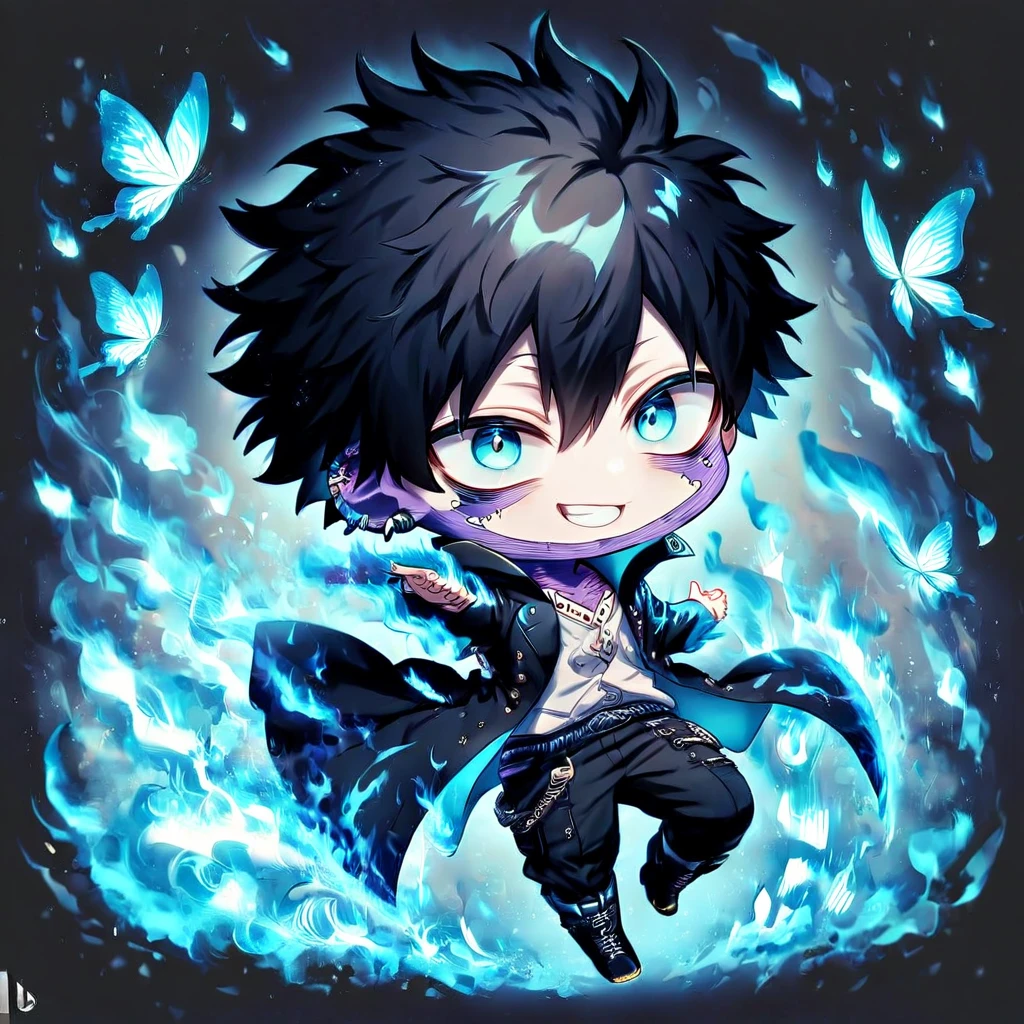 absurdres, highres, ultra detailed, HDR, master piece, best quality, extremely detailed face, delicated features, Dabi chibi, black hair, expressive turquoise eyes, Boku No Hero Academia, solo, cute, smiling, black coat, black pants, black boots, fantasy, magical, blue fire butterflies, fire flowers, blue fire, blue flames