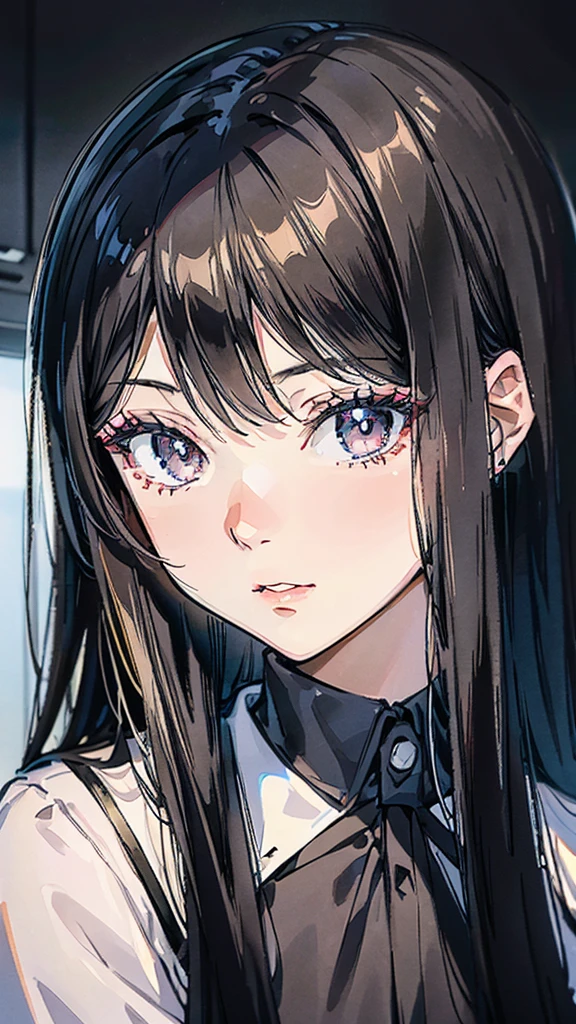 Woman, black hair, black eyes, long hair, beautiful face, office uniform.