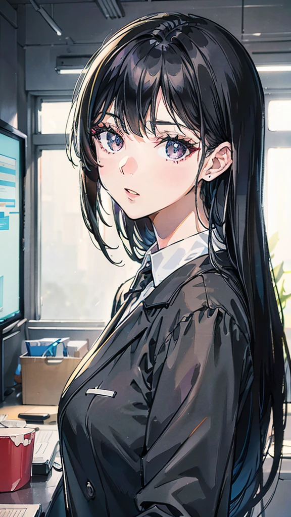 Woman, black hair, black eyes, long hair, beautiful face, office uniform.