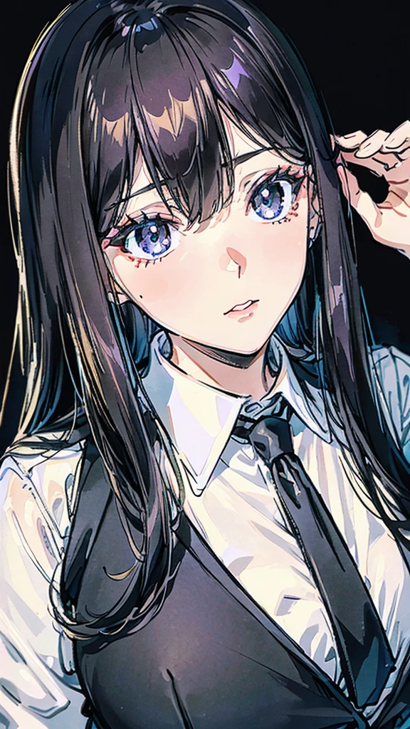 Woman, black hair, black eyes, long hair, beautiful face, office uniform.
