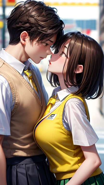 girl、Short brown hair、Brown eyes、Large Breasts、clavicle、、high school student、Collared shirt、White shirt、Sweater vest、(Yellow vest:1.2)、Short sleeve、Pleated skirt、Green Skirt、White Soccery Jane、Gender Bending、boy、Male chest、Pleated skirt、Green Skirt、Couple、kiss、