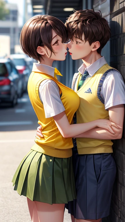 girl、Short brown hair、Brown eyes、Large Breasts、clavicle、、high school student、Collared shirt、White shirt、Sweater vest、(Yellow vest:1.2)、Short sleeve、Pleated skirt、Green Skirt、White Soccery Jane、Gender Bending、boy、Male chest、Pleated skirt、Green Skirt、Couple、kiss、