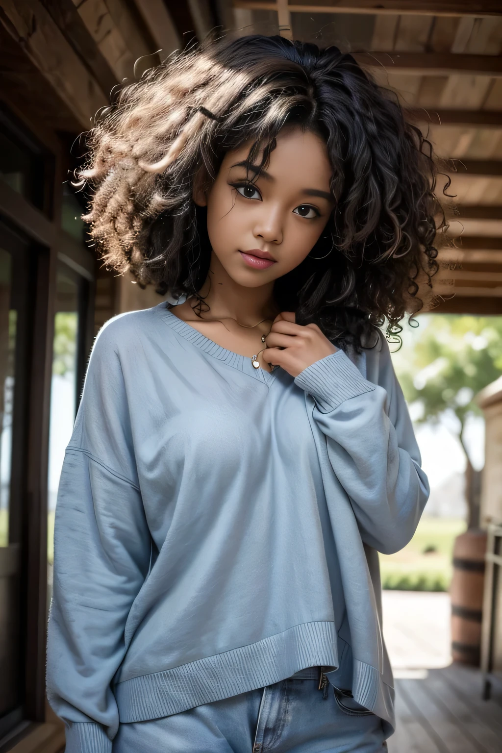 1 , dark skin color, curly hair, Women'Gym clothes, photo in front of the gym mirror