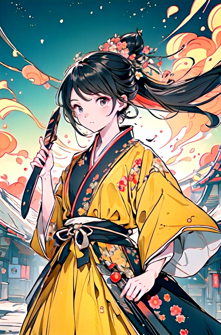 Ultra-high resolution,((masterpiece))),(((Highest quality))),((Very detailed)),((Very delicate and beautiful)),(Wide Shot, Wide-angle lens,Panorama:1.2),Super View,Ultra Wide Angle,Low angle shooting,Ultra Wide Angleレンズ,Very detailed,(masterpiece, Highest quality, Highest quality, Official Art, beautifully、aesthetic:1.2),(Fractal Art:1.2),
Yazawa Yukie style girl,One girl,alone,Have a weapon,knife,Floral print,View your viewers,Combat Stance,Eastern Dragon,Braiding,Floral print,ink,inkの飛沫,
(Disgust:1.3),(whole body:1.4),A tense shot,(The sky glows yellow,Visual impact,Give your poster a dynamic and visually striking look:1.2),Chinese Zen Style,High-impact photos,
