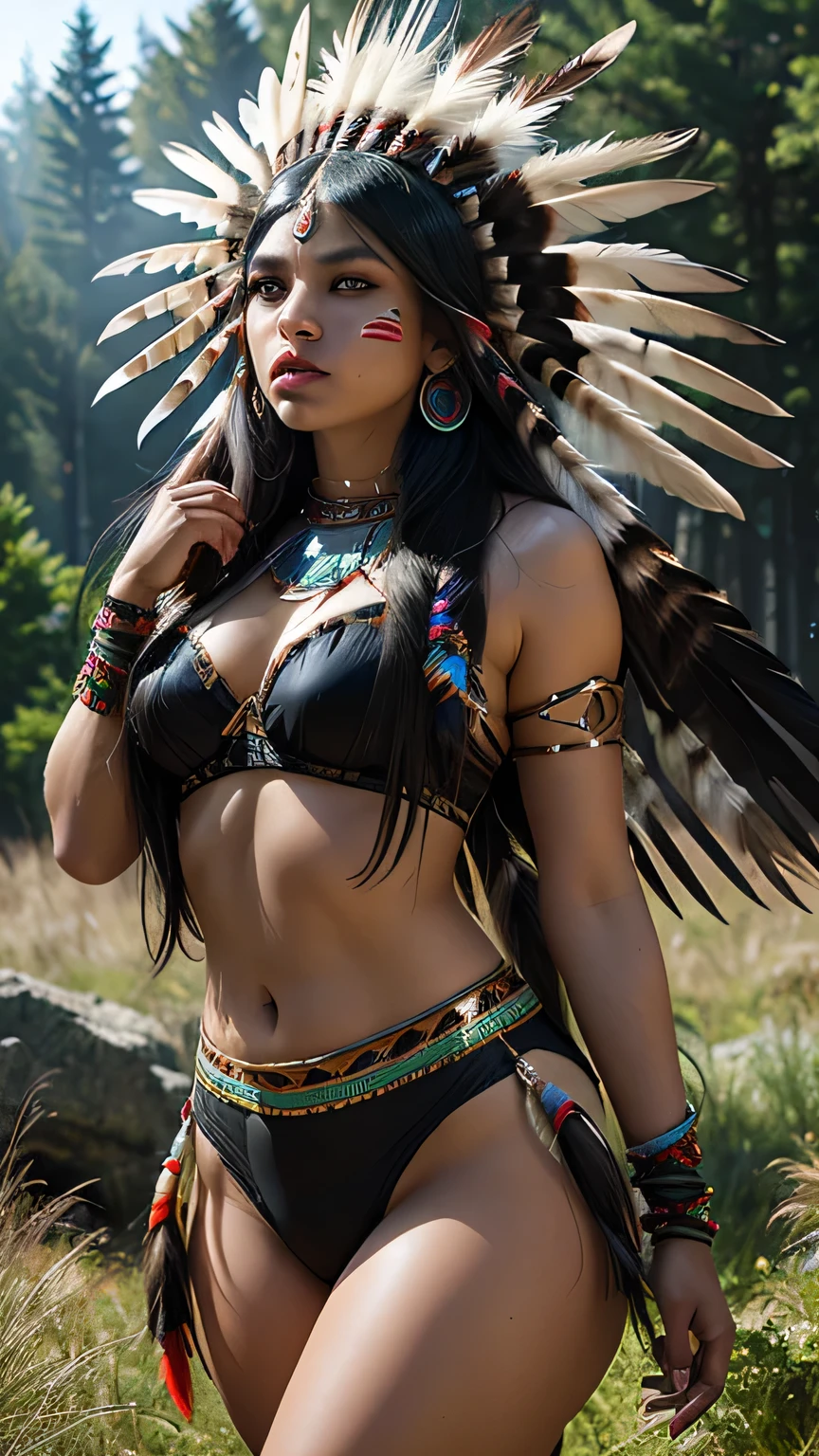 1 girl, ((Wild Indian Native American)), Lip, Big bright eyes, Black eyes, (female native american) , ((Native Indian Feathers)), (Facial details, Bright black eyes, Beautiful Face, Iris Coating, length, Thick eyelashes), (Big leaves in the forest), ((dynamic battle poses_random)), (( Beautiful American Indian Warrior))), (Bright colors), (Big Stone ), (prairie), masterpiece, 最high quality, high quality, High resolution, Bra with ruffles,