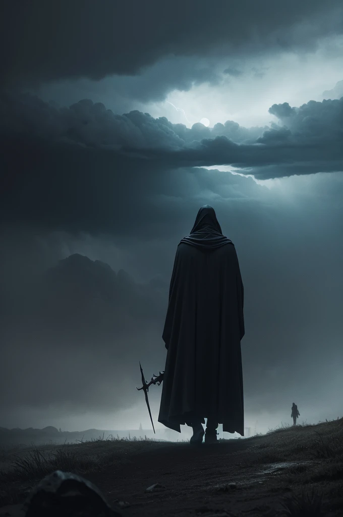 (masterpiece, best quality:1.2), Death in the Storm，cloak，Holding a long red knife，moonlight，heavily clouded，Thunder and lightning， Dark fantasy illustration style , Dark Arts, High contrast, Dark Shadows, Atmospheric perspective, Melancholic colors, Thin Film Component, Volumetric Lighting, number, Brushstrokes, Dramatic Lighting, Low angle shot, Surrealism, Very detailed, Surrealism

