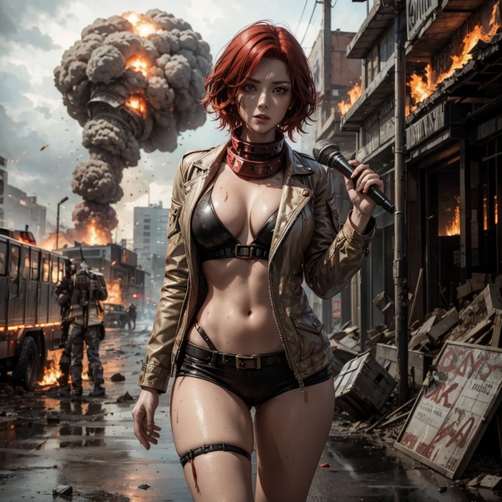 A female reporter with red hair holding a mic, A doomsday scene, chaotic, destruction, explosion, burning, meteorites rained down on the earth, post-apocalyptic