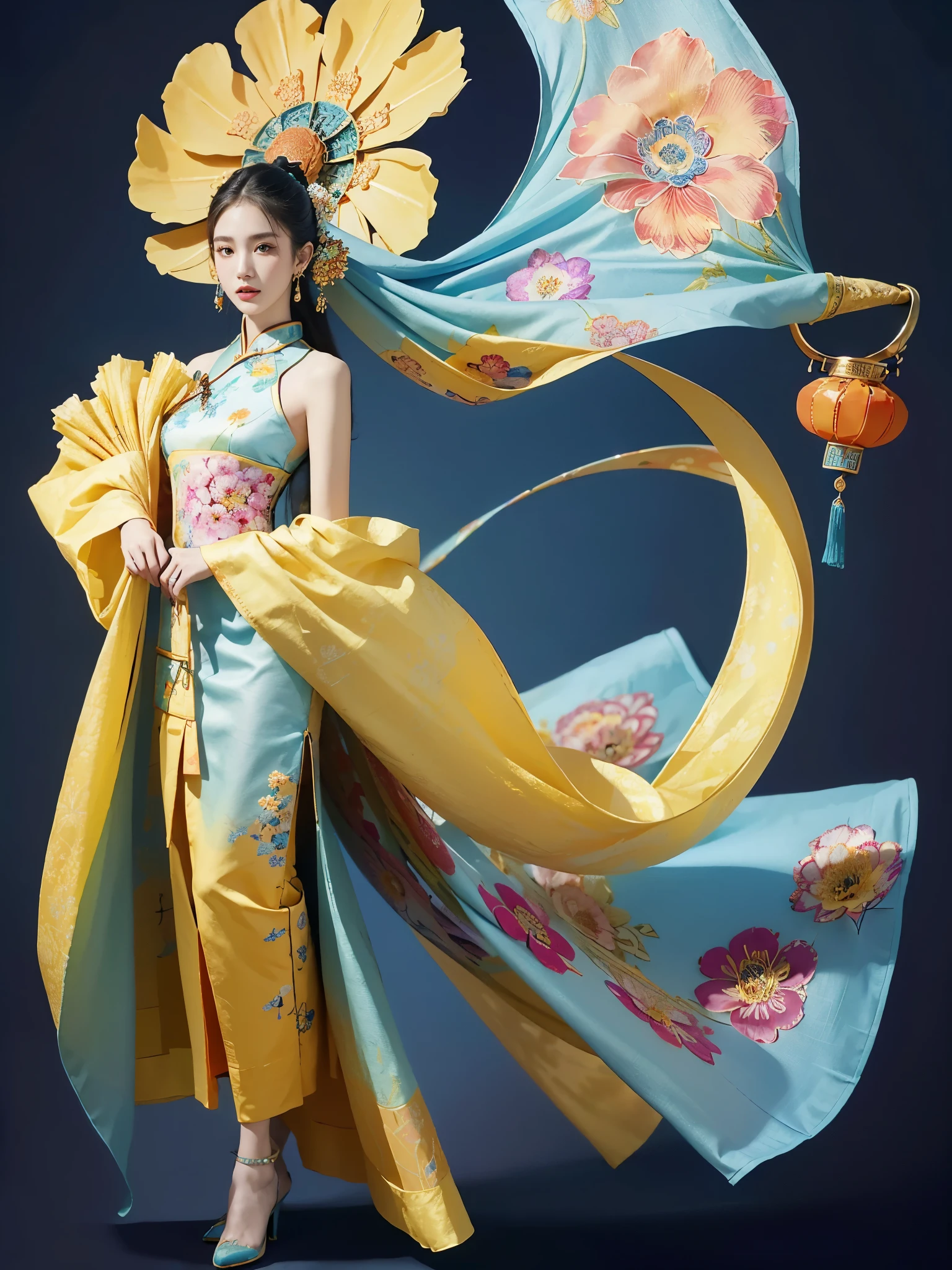 (masterpiece, Top quality, best quality, Official Art, beautiful and aesthetic:1.2), (1 Girl:1.3), Extremely detailed,(Fractal Art:1.1),(rich and colorful:1.1)(Flowers:1.3),The most detailed,(tangled:1.2),(Slim,Thin), (Dynamic poses), (Blue Background:1.3), (Traditional Chinese cloth:1.2), (Glowing skin), (Many colors:1.4), ,(earrings:1.4),