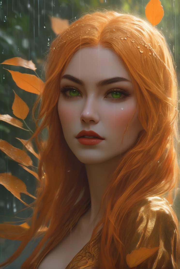 atmosphere terror sombria Beautiful sakura + Vampira  xman sexy Sensual woman, orange soft skin, white fluff flying and raindrops inside, dry leaves and vines woven into her gold hair, highly detailed face, perfect green eyes detailed, soft and sharp focus, artwork by Karn Griffiths and Vadim Kashin, Trending in the art station, sharp focus, intricate, highly detailed by Greg Rutkowski, mysterious, epic, cinematic, action-packed backdrop