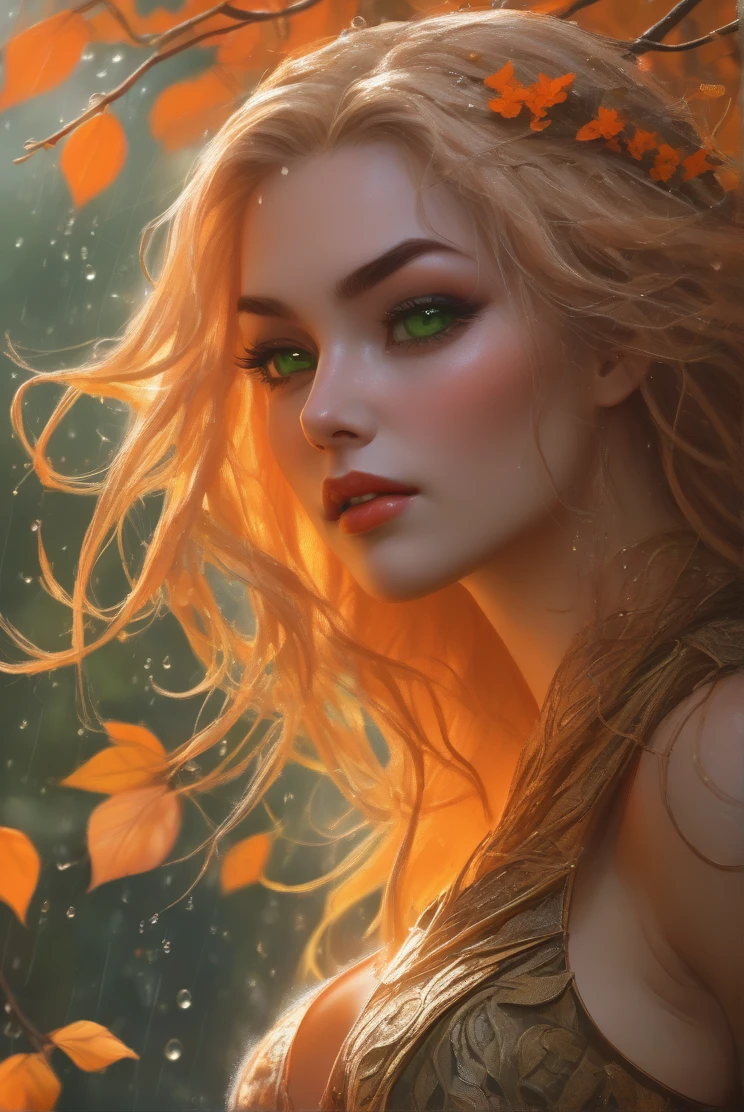atmosphere terror sombria Beautiful sakura + Vampira  xman sexy Sensual woman, orange soft skin, white fluff flying and raindrops inside, dry leaves and vines woven into her gold hair, highly detailed face, perfect green eyes detailed, soft and sharp focus, artwork by Karn Griffiths and Vadim Kashin, Trending in the art station, sharp focus, intricate, highly detailed by Greg Rutkowski, mysterious, epic, cinematic, action-packed backdrop