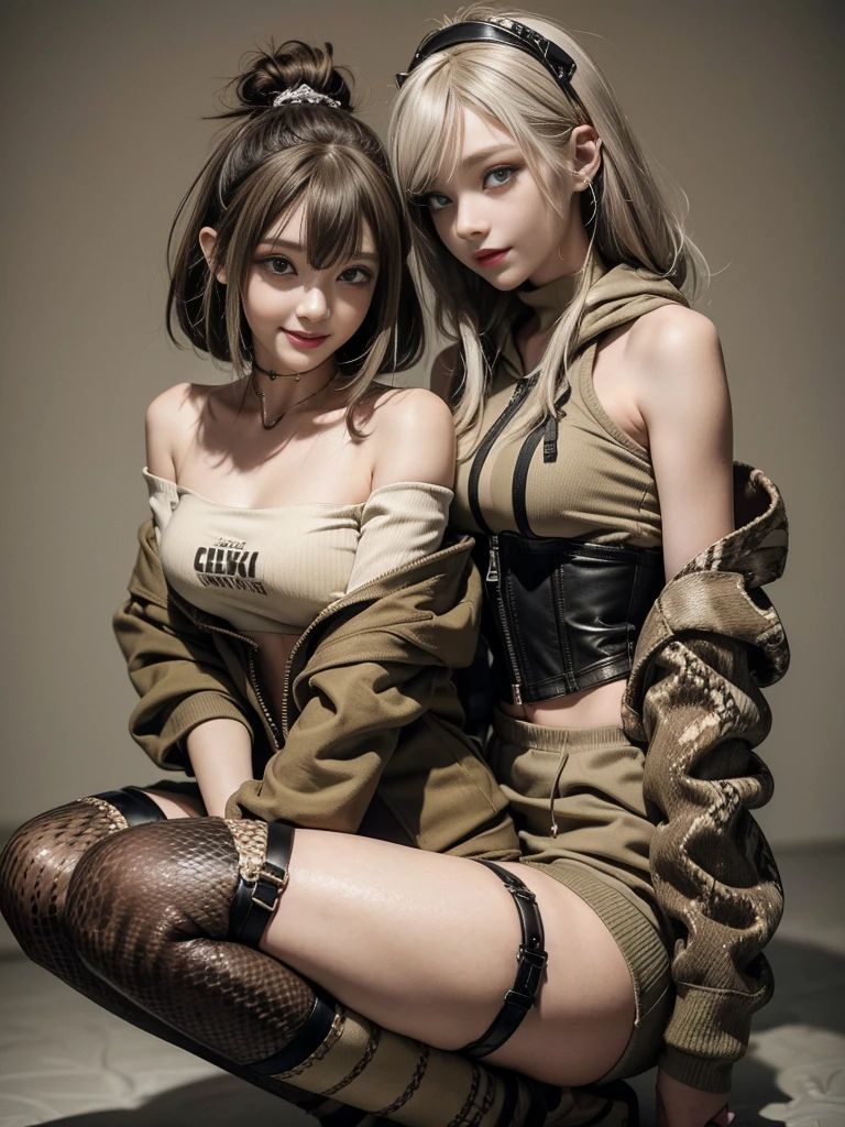 (Smiling with teeth showing:1.3),(Shibuya Gal:1.5)、(Beautiful:1.5)、(Neo-goth fashion:1.5)、(Punk RockVisual Kei:1.5)、(An off-the-shoulder hoodie in khaki and brown with delicate silver accessories.:1.5)、(A corset with a delicate beige and brown design:1.4)、(Dark grey, khaki and brown snakeskin bodysuit:1.5)、(Snake print headband:1.3)、(Beige and charcoal knee socks:1.4)、Embellished collar and long boots、(I&#39;m selling snake print underwear.:1.4)、(Long eyelashes:1.3)、(20-year-old)、((Highest quality、8k、masterpiece:1.3))、1 Female、Slim and beautiful abs:1.3、(hairstyle casual、Beautiful boobs:1.1)、(Doing an aerobics pose:1.3)、dress:1.1、Super small face、Narrow eyes、double eyelid、A sloppy smile、Esbian all over body、Dynamic Angle、Close-up、CPL Filter、Blurred Background、Bokeh、Blue Hour、Detailed face and skin texture、Detailed eyes、,(Twin tails:1.3)、(Black Hair:1.3)、Gravure idol、(The background is a glamorous dance hall:1.3)、(Make your legs thinner:1.4)、(Slim Body:1.3)、(clavicle:1.1)