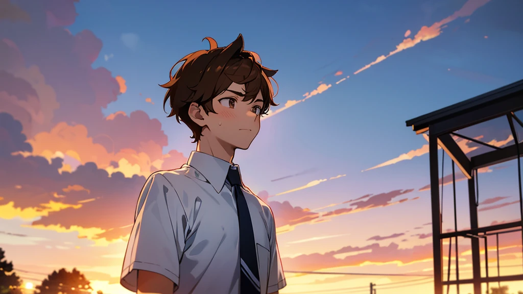 The background is the back of the gymnasium illuminated by the summer sunset.、Upper body shot of one handsome high school boy、The high school boy has light brown hair, his ears and face are dyed red, and he is looking at me with a very embarrassed expression.、He is wearing his summer uniform and his tie is loose.